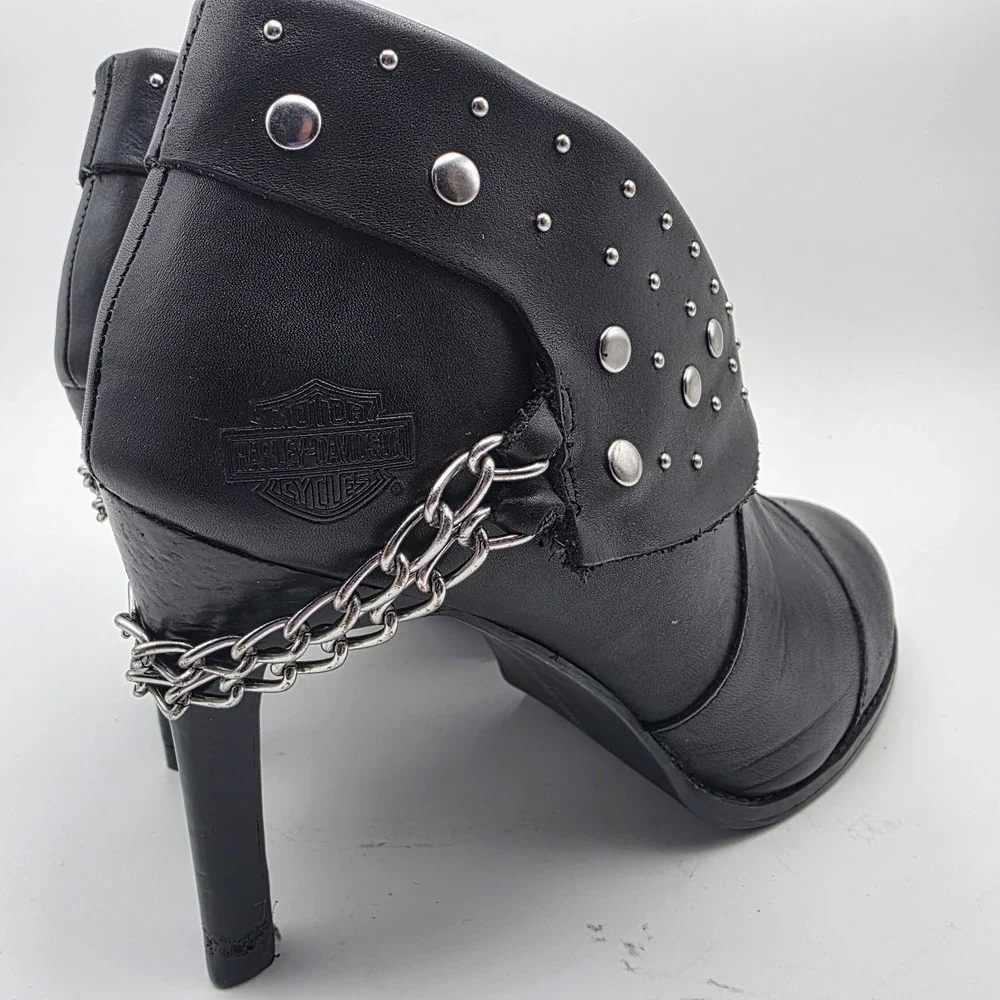 Harley-Davidson Lena Boots Women's 8.5 Black‎ Leather Studded Chain Moto Heels